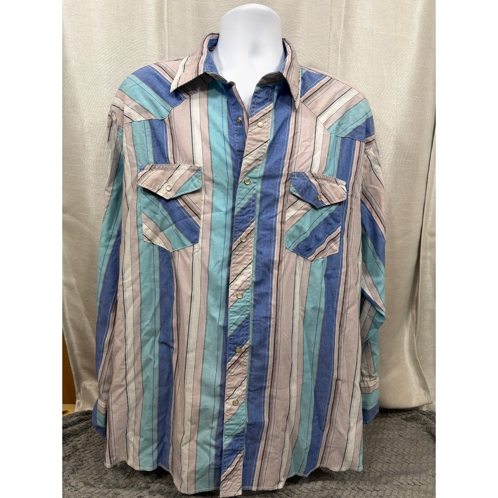Wrangler Western Shirt Mens XXL Blue Teal Striped Pearl Snap Long Sleeve 75201AA